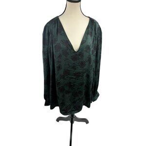 Ava & Viv Womens 3X Blouse Green Black Floral Long Sleeve V Neck Top